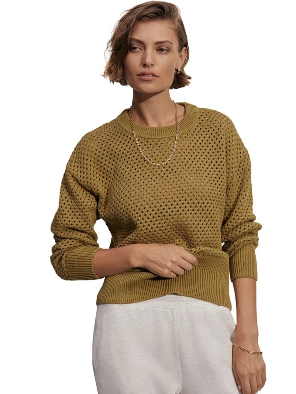 Varley Hester Knit Crew Neck Sweater SZ L Olive Preppy Coastal